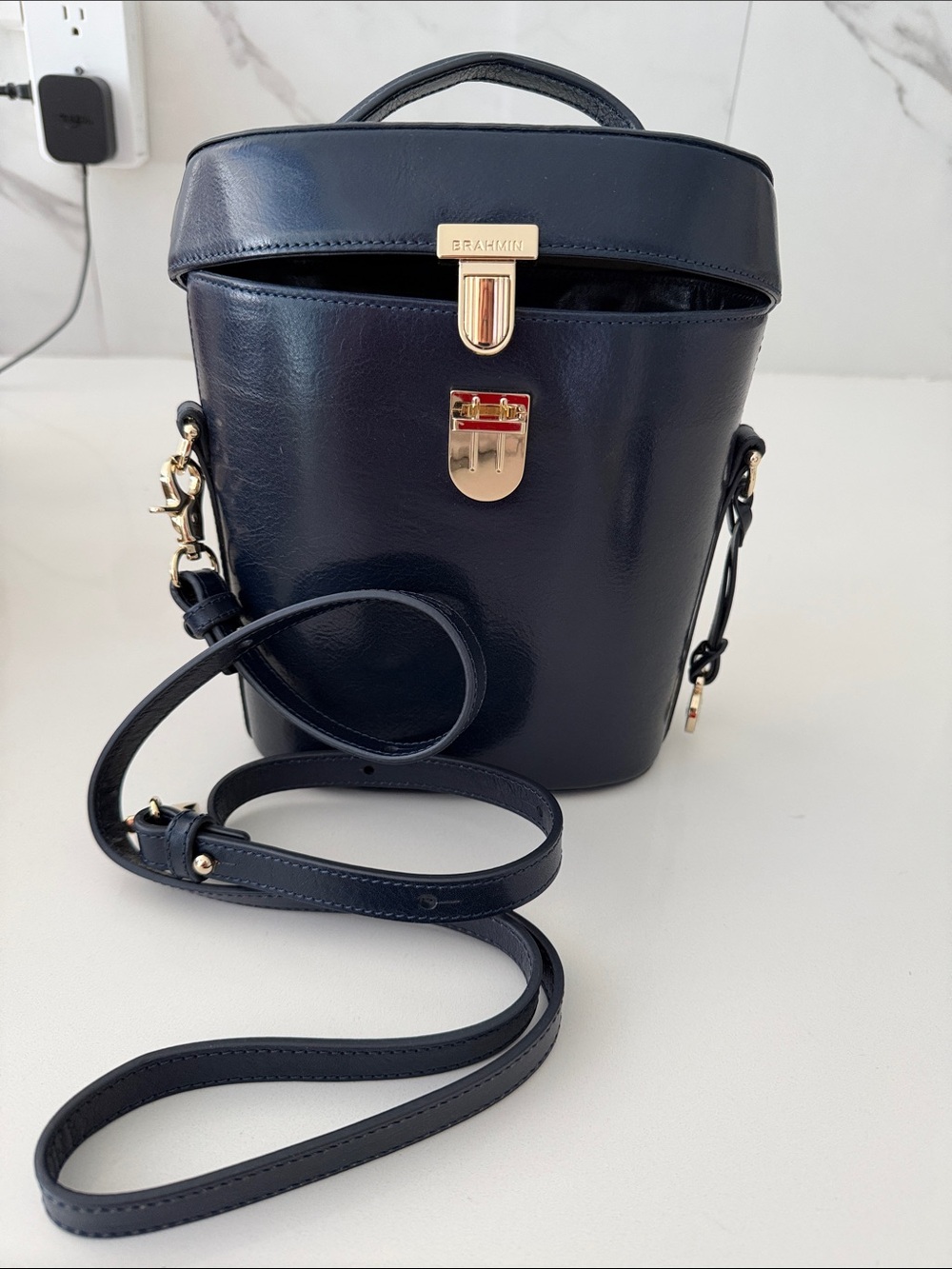 Brahmin Navy Leather Bucket Crossbody with Gold Hardware
